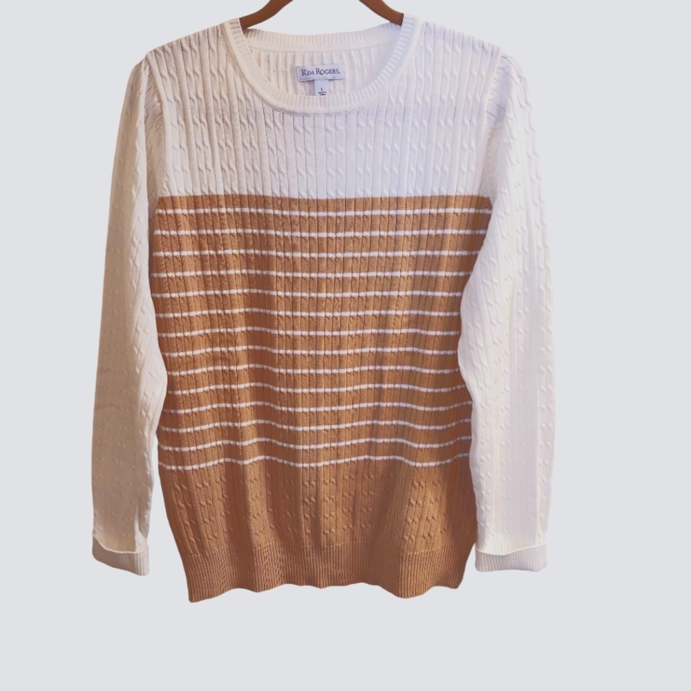 NWOT Kim Rogers Sweater Pullover No Collar Long Sleeve Cream/Tan Stripes Size L